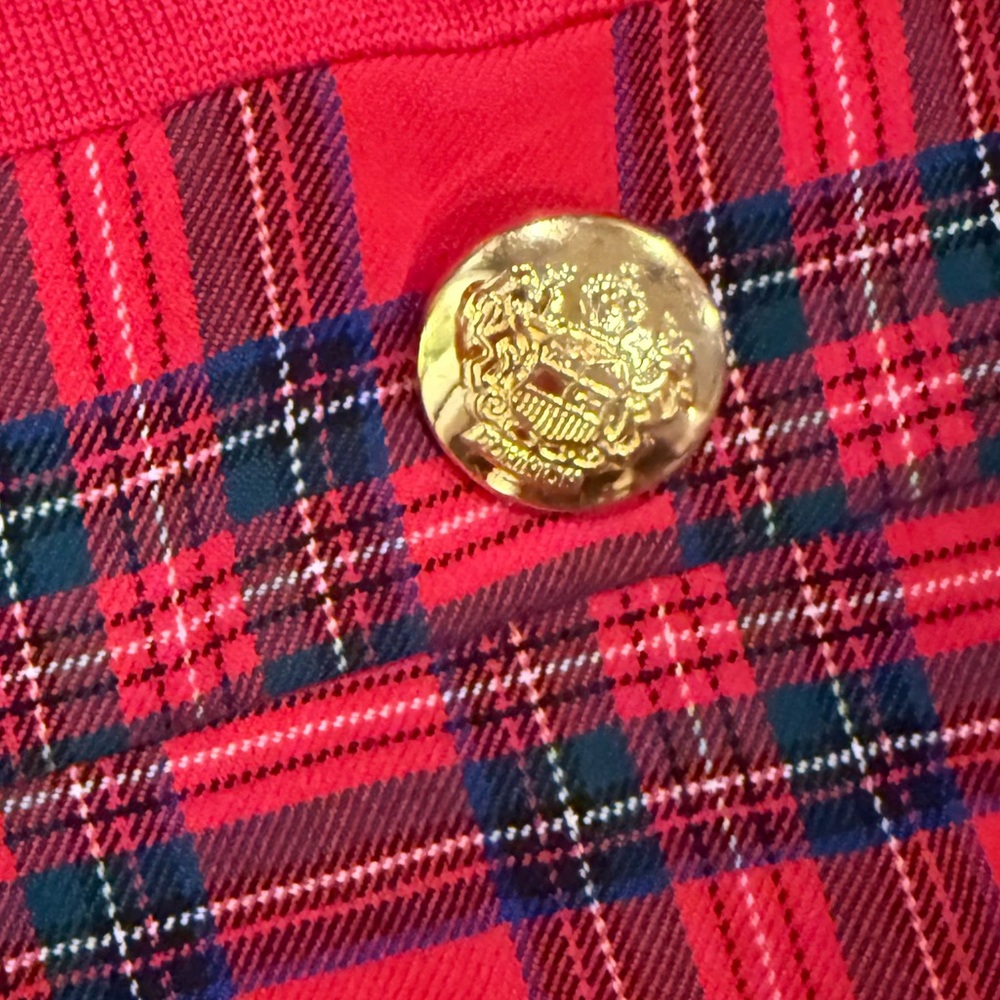 Red Plaid Long Sleeve Scottish Tartan Midi Dress Zip Back Crest Button Size 12 - Picture 4 of 7